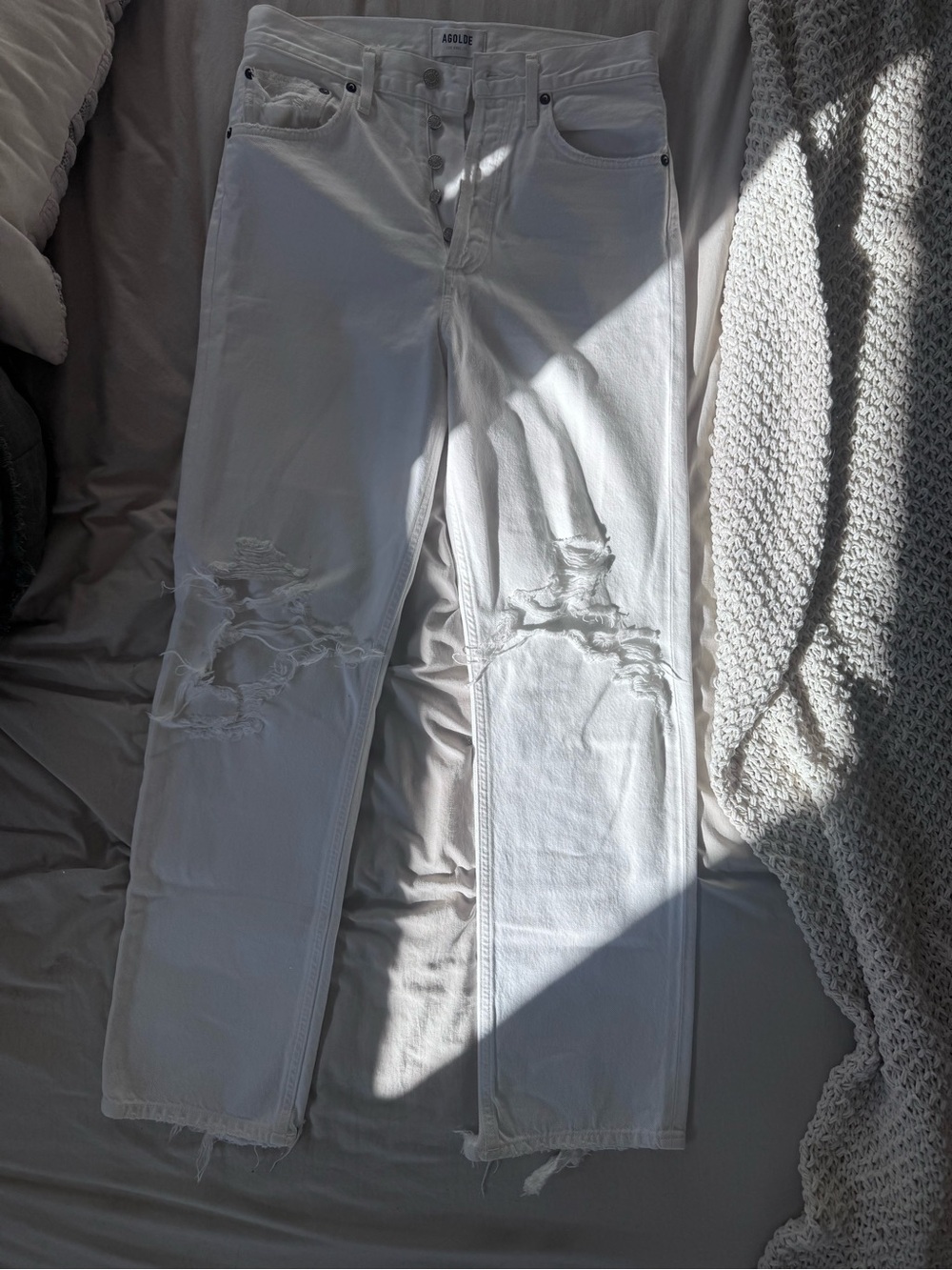 Agolde White Distressed Straight-Leg Jeans